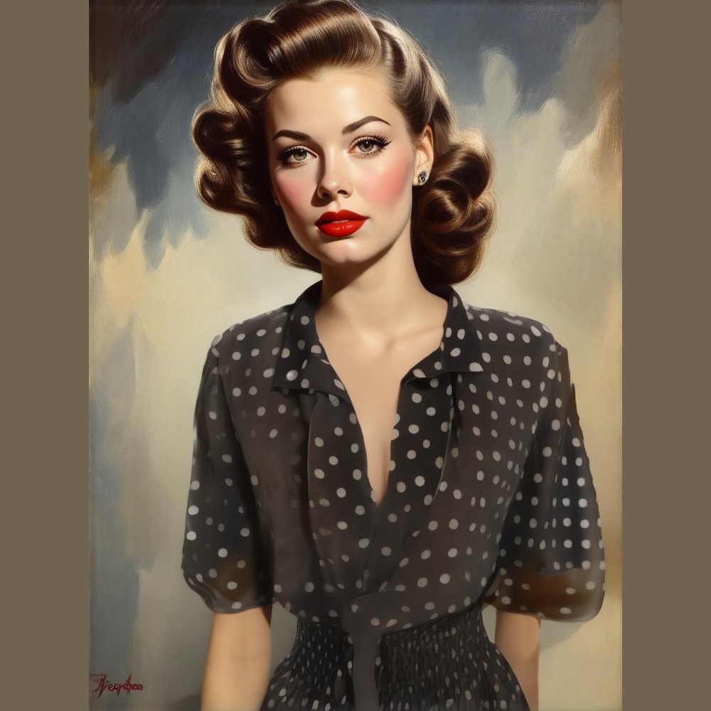 PinUp blouse brown white polka Dot 1940's Look Short Puffed Sleeve Blouse L